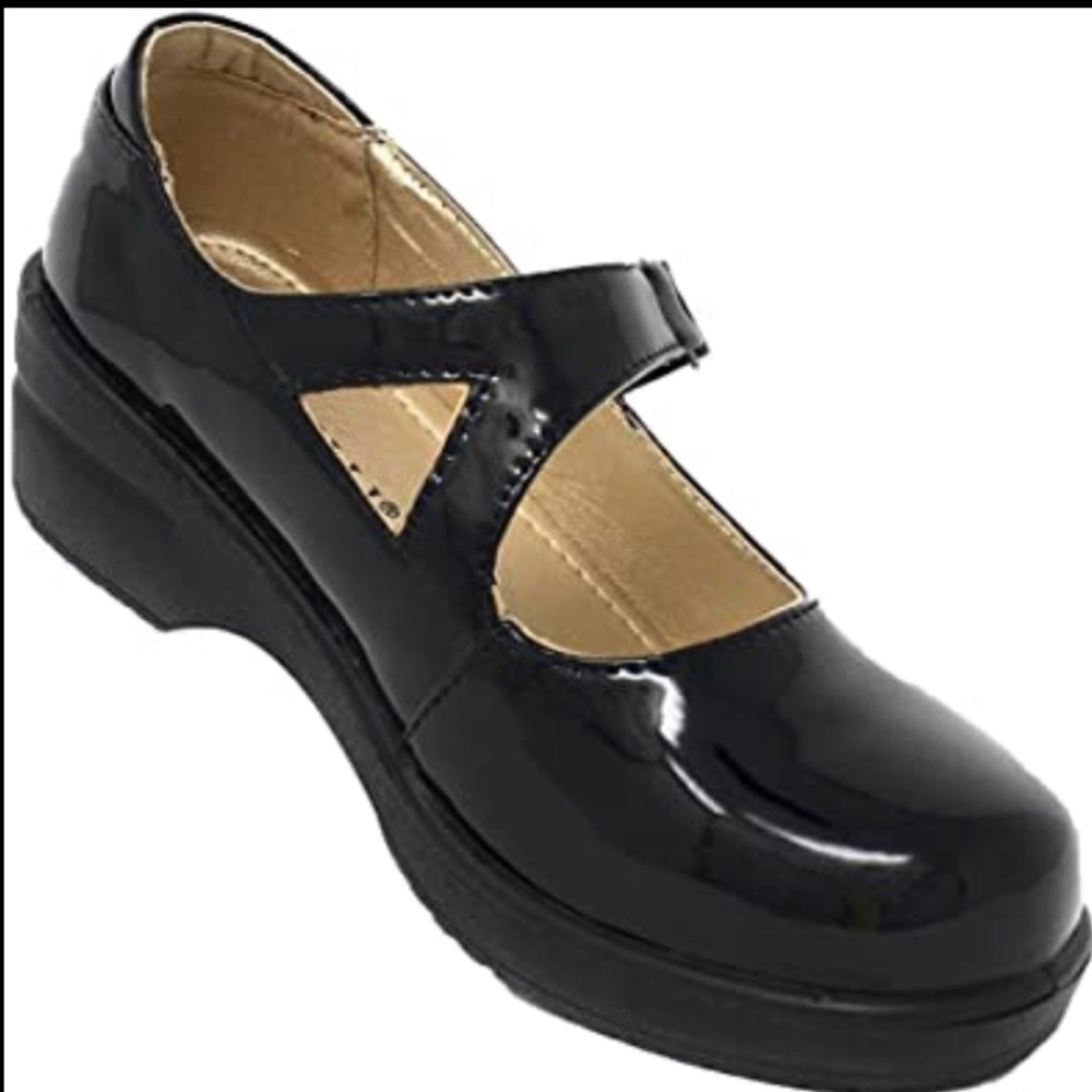 Rasolli Clogs with Strap, Black Patent size 10